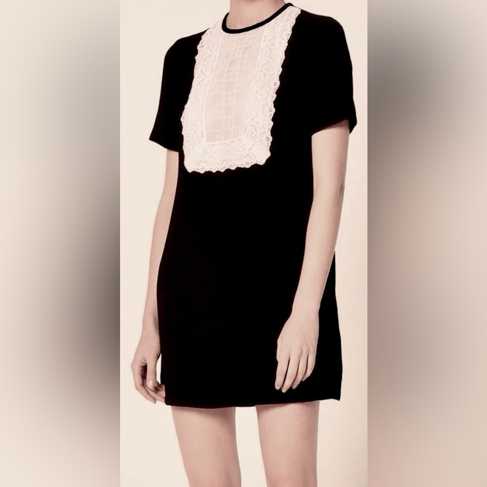 Sandro Histoire Mini Dress Lace Bib Short Sleeves Black Cream EU Size 36 = US S